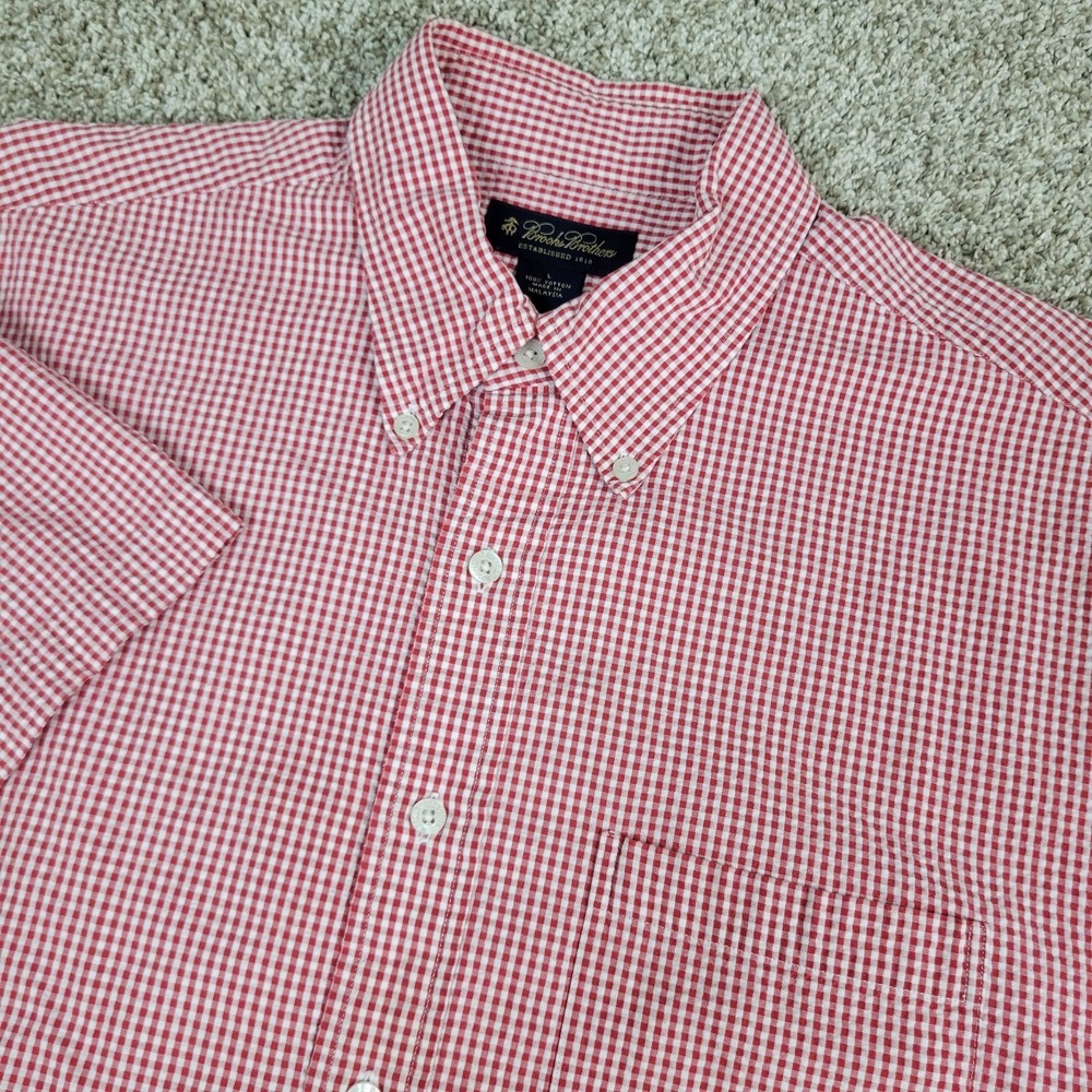 Brooks Brothers Mens Large Red Mini Check Seersucker Button Down Short Sleeve